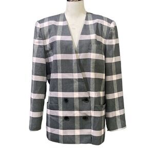 Vintage Le Suit Buffalo Check Plaid Double Breasted Blazer Jacket Pink Grey